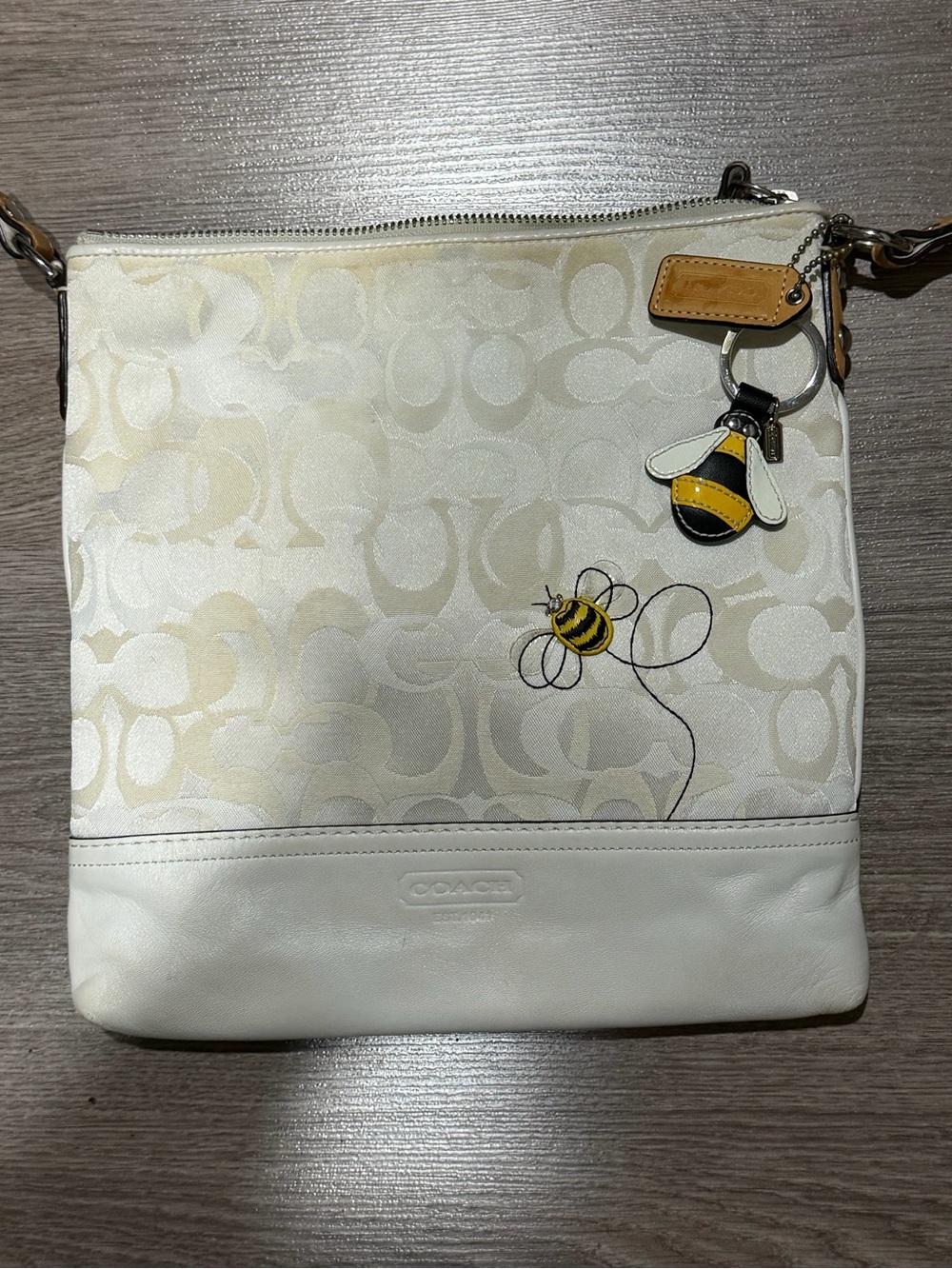 Coach Cream and White Signature Bee Crossbody